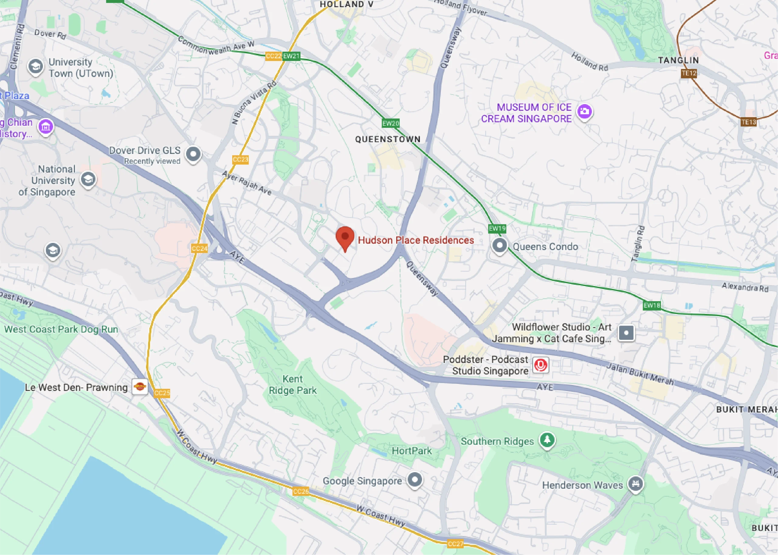 Map showing Hudson Place Residences at Media Circle in one-north